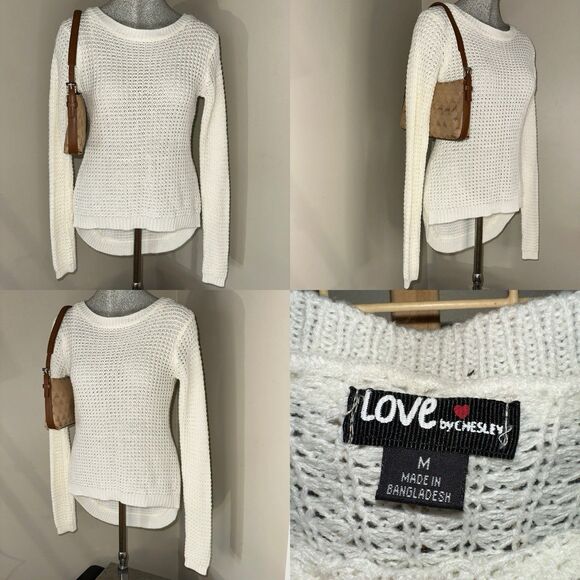 Love by Chesley White Sweater Women’s M Medium Open Knit Long Sleeve High Low - Picture 1 of 15